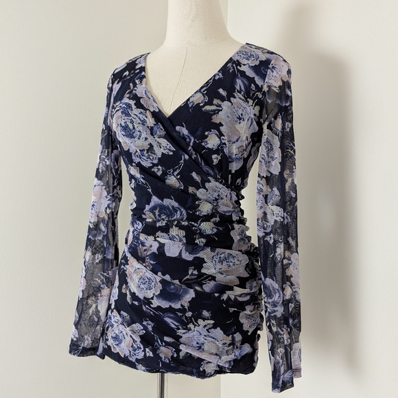 INC Long Sleeve Navy Top V-Neck Plunge Neckline Floral Mesh Lined Fitted - Picture 9 of 10